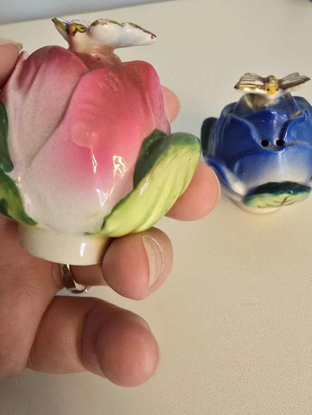Vintage Ceramic Porcelain? Rose Buds with Butterfly Salt & Pepper Shakers Japan